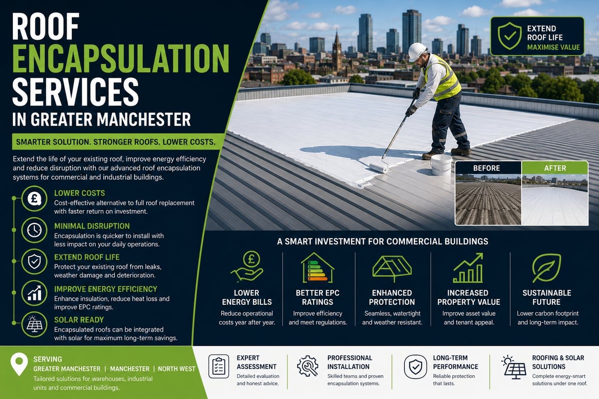 Roof encapsulation services marketing flyer for Greater Manchester showing worker on roofing and benefits infographic