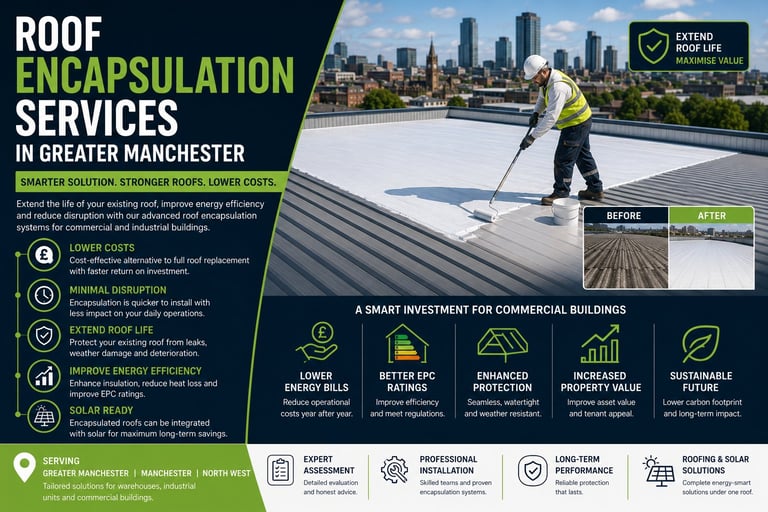 Roof encapsulation services marketing flyer for Greater Manchester showing worker on roofing and benefits infographic