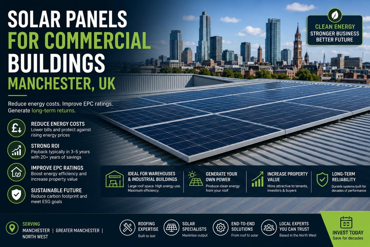 Solar panels installed on a commercial building rooftop in Manchester, UK with city skyline in background
