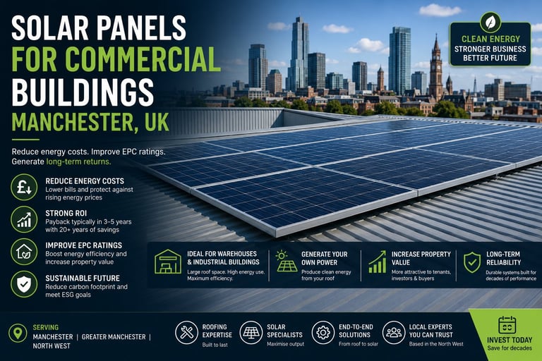 Solar panels installed on a commercial building rooftop in Manchester, UK with city skyline in background