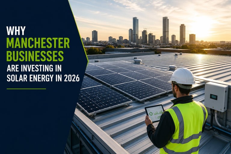 Worker in safety gear installing solar panels on Manchester rooftop with city skyline at sunrise