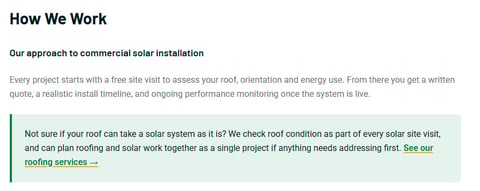 How We Work section describing commercial solar installation approach with project assessment and timeline information