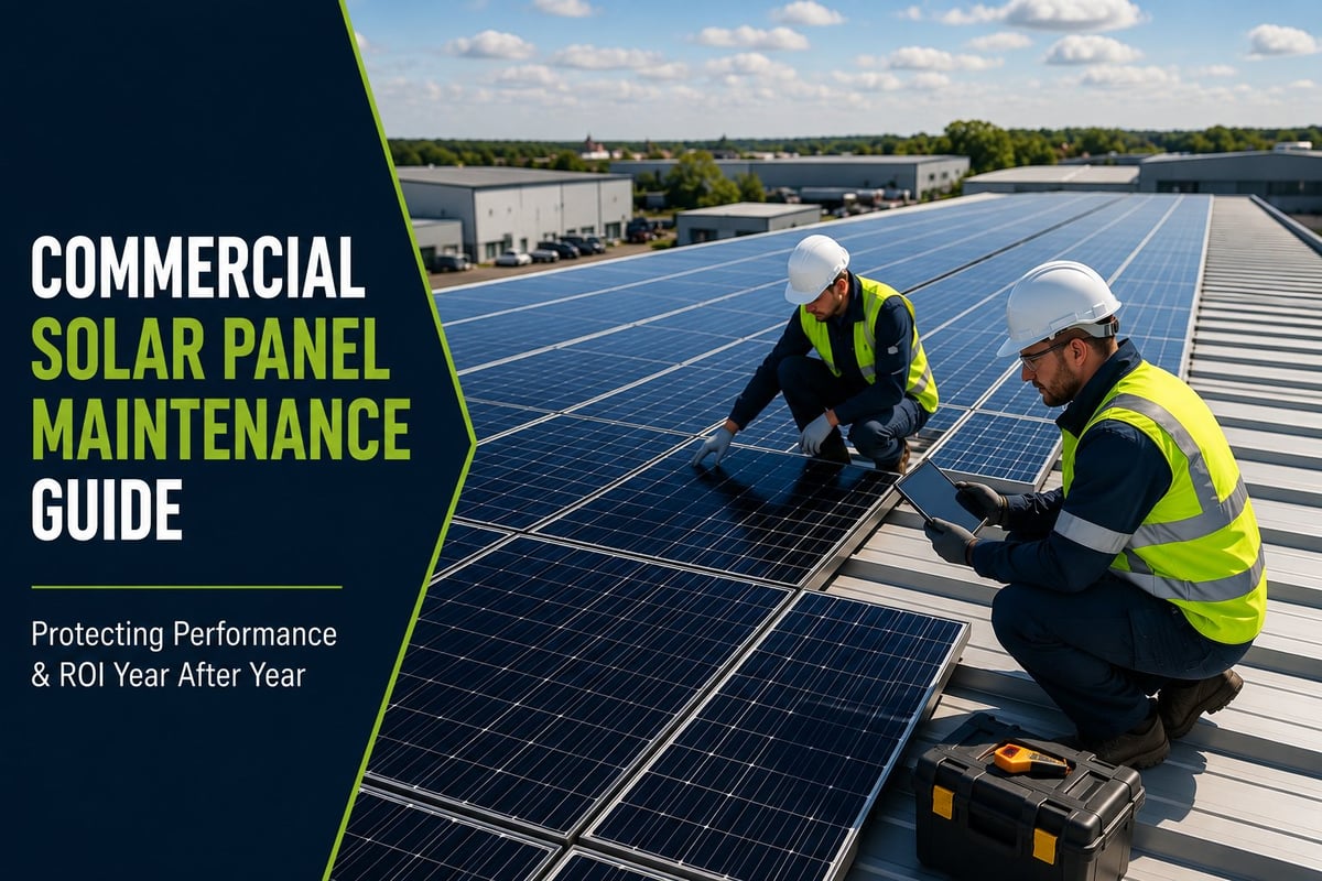 Two workers in high-visibility gear maintaining solar panels on a large commercial rooftop installation