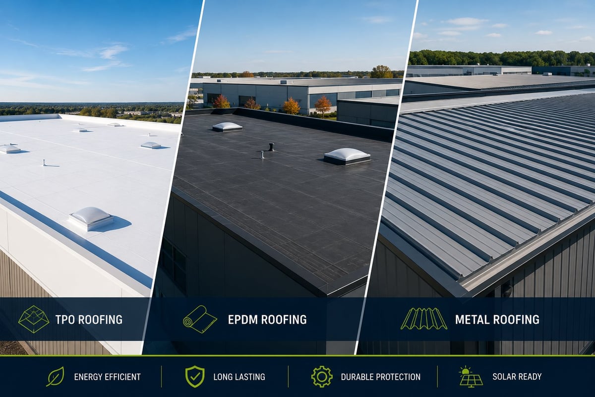 Three types of commercial roofing displayed: white TPO, dark EPDM, and striped metal roofing with benefits icons below.