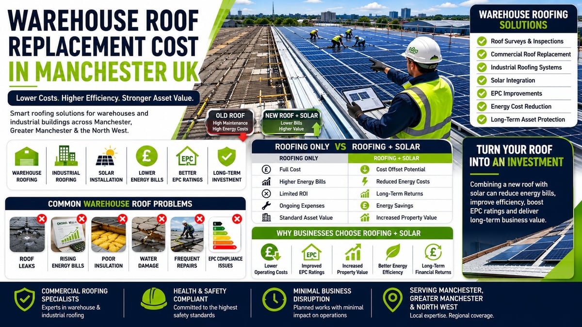 Infographic showing warehouse roof replacement costs in Manchester UK with services, roof conditions, and solar roofing options