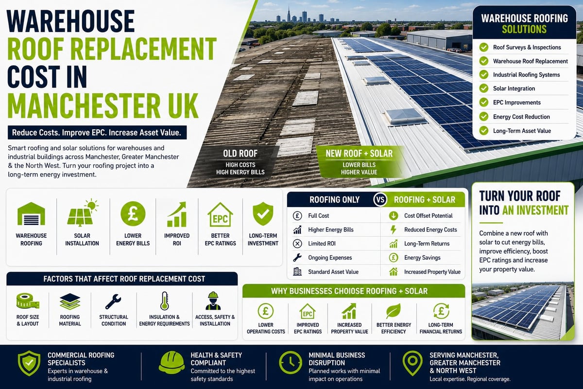 Infographic showing warehouse roof replacement costs in Manchester UK with before/after roof comparison and solar panel installation benefits