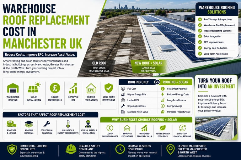 Infographic showing warehouse roof replacement costs in Manchester UK with before/after roof comparison and solar panel installation benefits