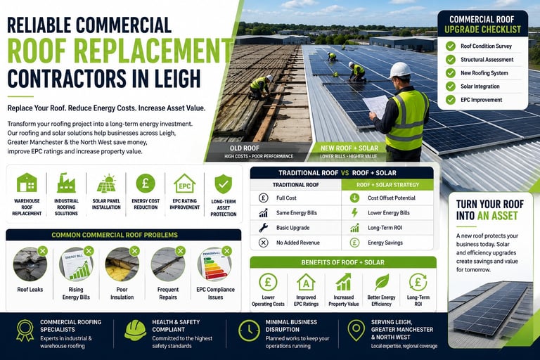 Infographic for reliable commercial roof replacement contractors in Leigh, showing traditional and solar roof options with benefits and services